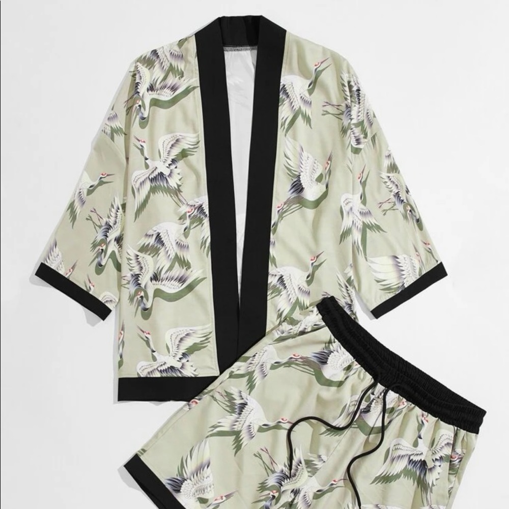 Crane Print Contrast Binding Kimono